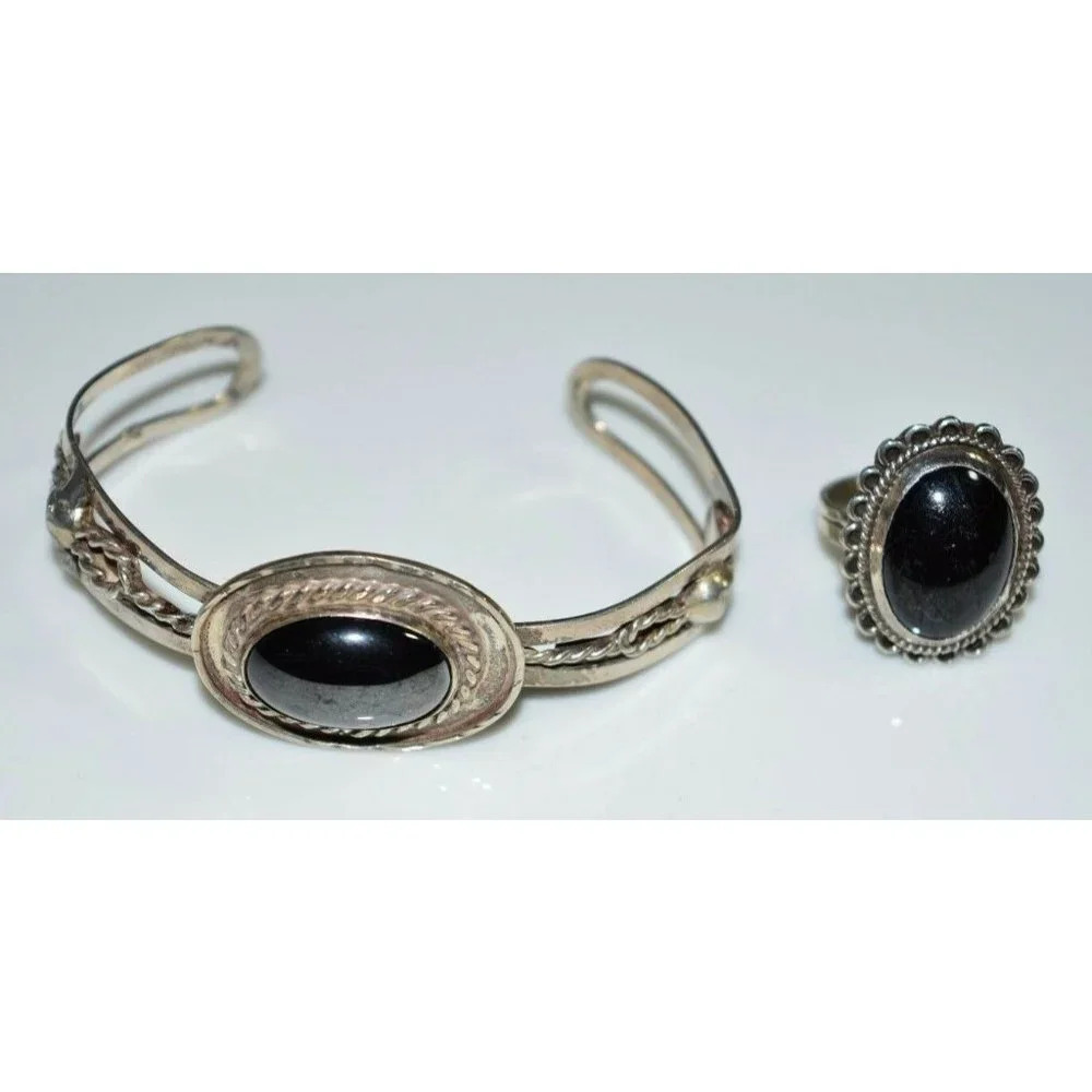 VTG TAXCO .925 Sterling Silver FCI Mexico Black Onyx Bracelet Ring Set